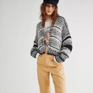 Free People Wanderer Cardigan Small Black White Chunky Knit Wool Sweater
